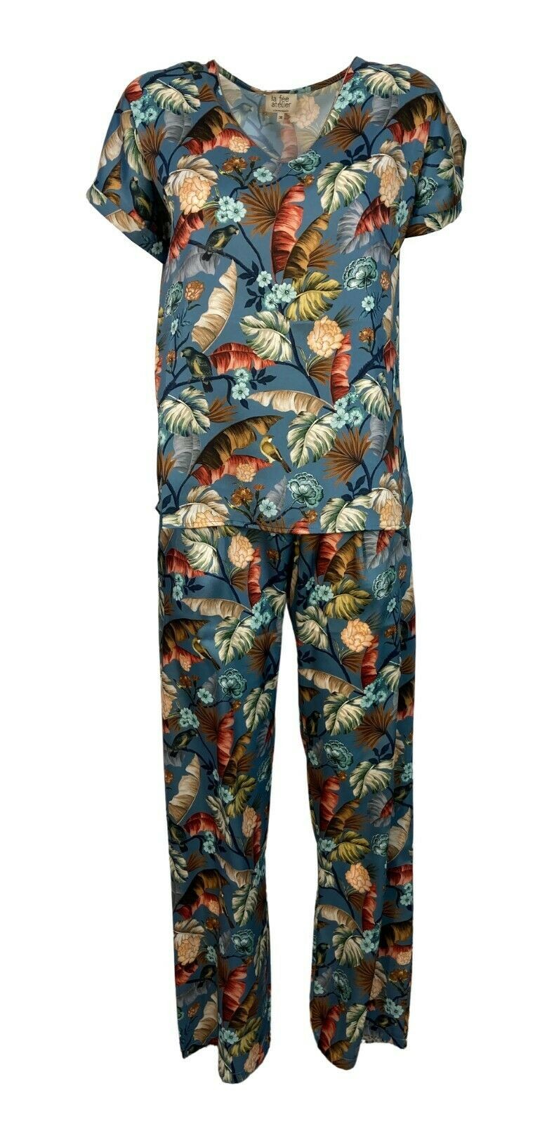 LA FEE MARABOUTEE pantalone donna fantasia celeste/fiori art FA-PA-LAUDE MADE IN ITALY
