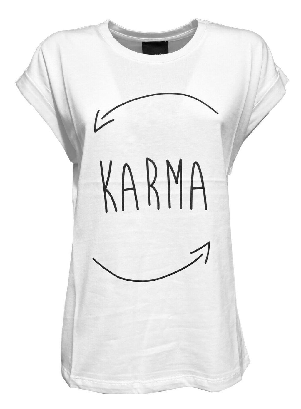 PRET A PORTER VENEZIA t-shirt donna girocollo bianca stampa nera art KARMA 100% cotone MADE IN ITALY