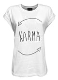 PRET A PORTER VENEZIA t-shirt donna girocollo bianca stampa nera art KARMA 100% cotone MADE IN ITALY