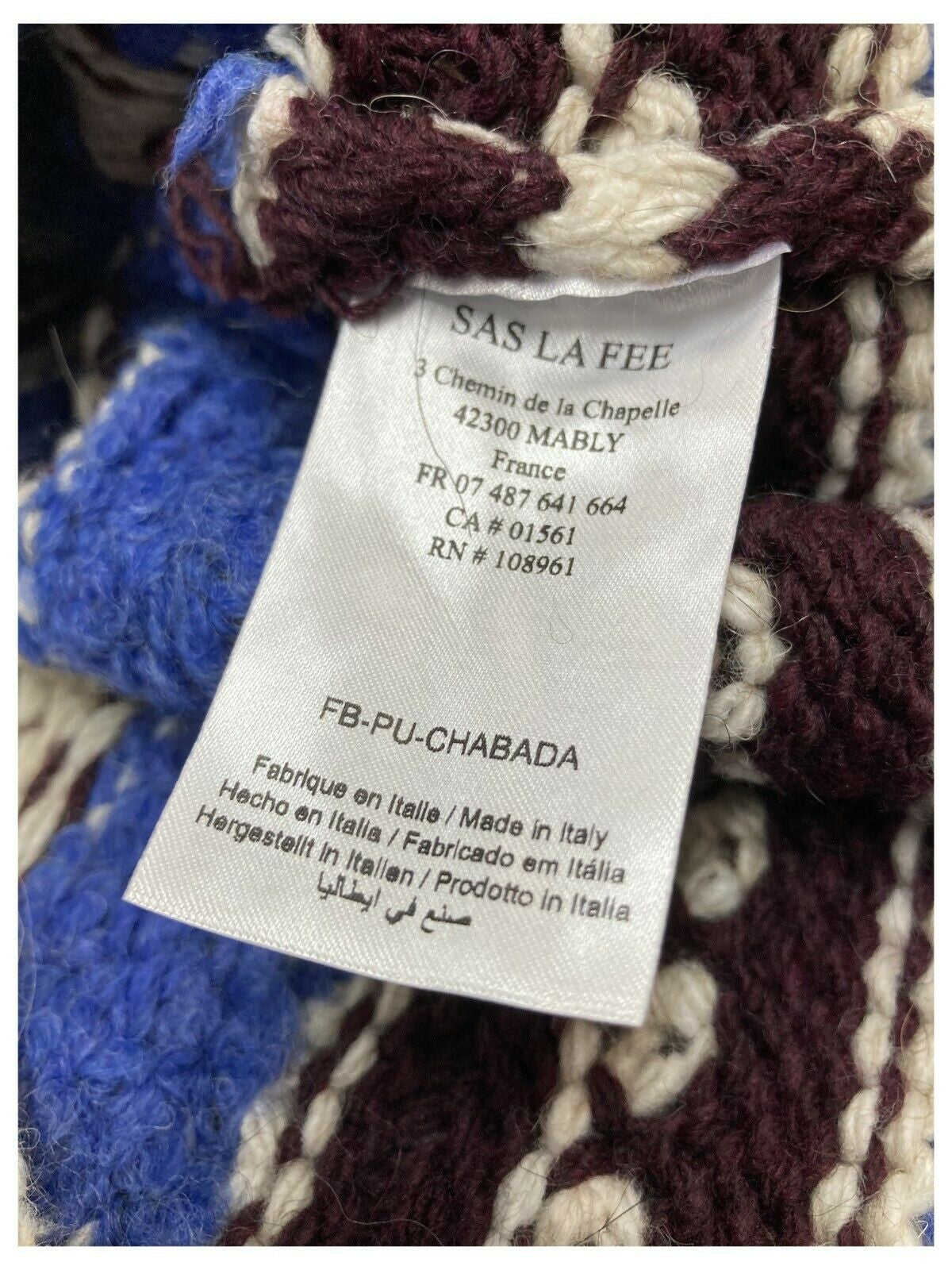 LA FEE MARABOUTEE maglia donna girocollo écru inserti azzurro/bordeaux art FB-PU-CHABADA MADE IN ITALY