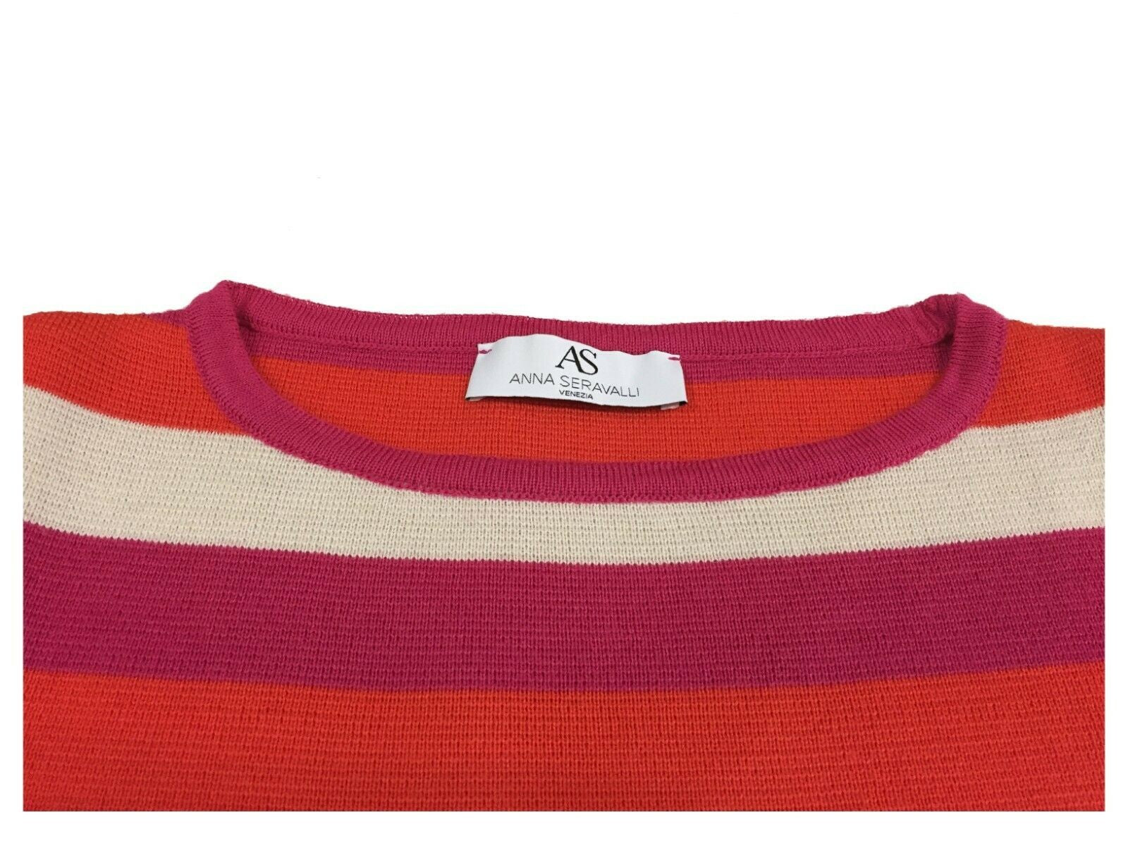 ANNA SERAVALLI maglia donna girocollo righe fuxia/arancio/panna art S1043 50% lana 50% acrilico MADE IN ITALY