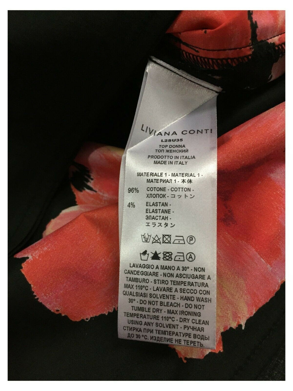 LIVIANA CONTI blusa donna nero fantasia fiori corallo over art L2SU35 cotone MADE IN ITALY