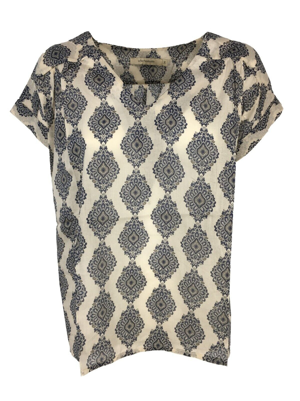 LA FEE MARABOUTEE blusa donna cotone leggero svasata avorio/blu FD-TO-BENNY-Y 100% cotone MADE IN ITALY
