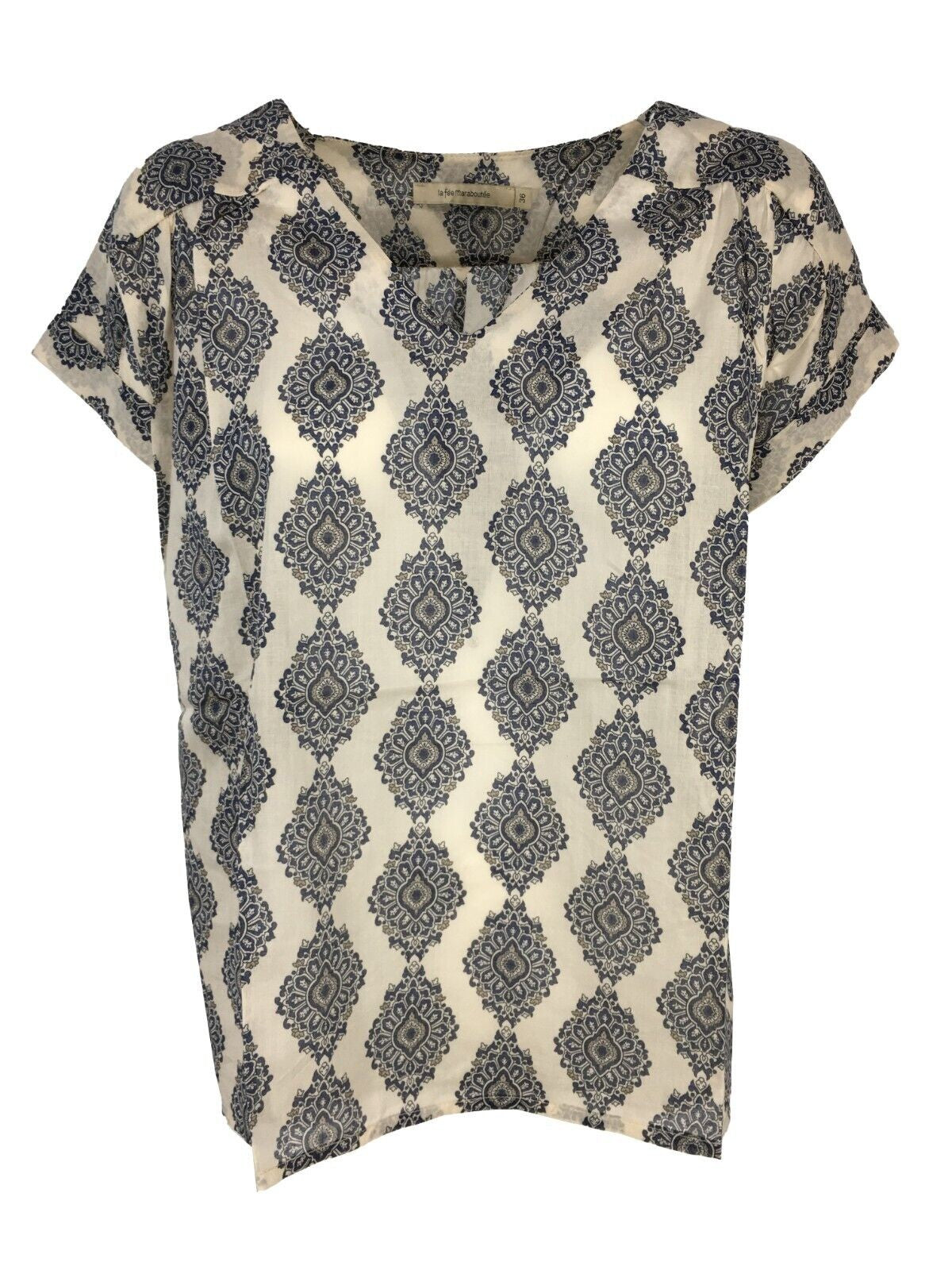 LA FEE MARABOUTEE blusa donna cotone leggero svasata avorio/blu FD-TO-BENNY-Y 100% cotone MADE IN ITALY
