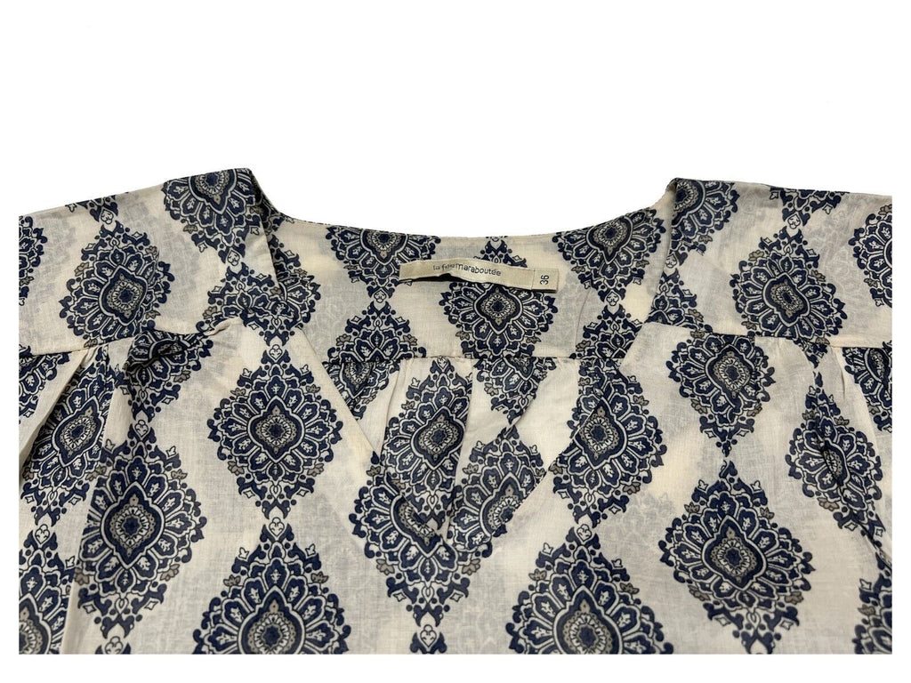 LA FEE MARABOUTEE blusa donna cotone leggero svasata avorio/blu FD-TO-BENNY-Y 100% cotone MADE IN ITALY