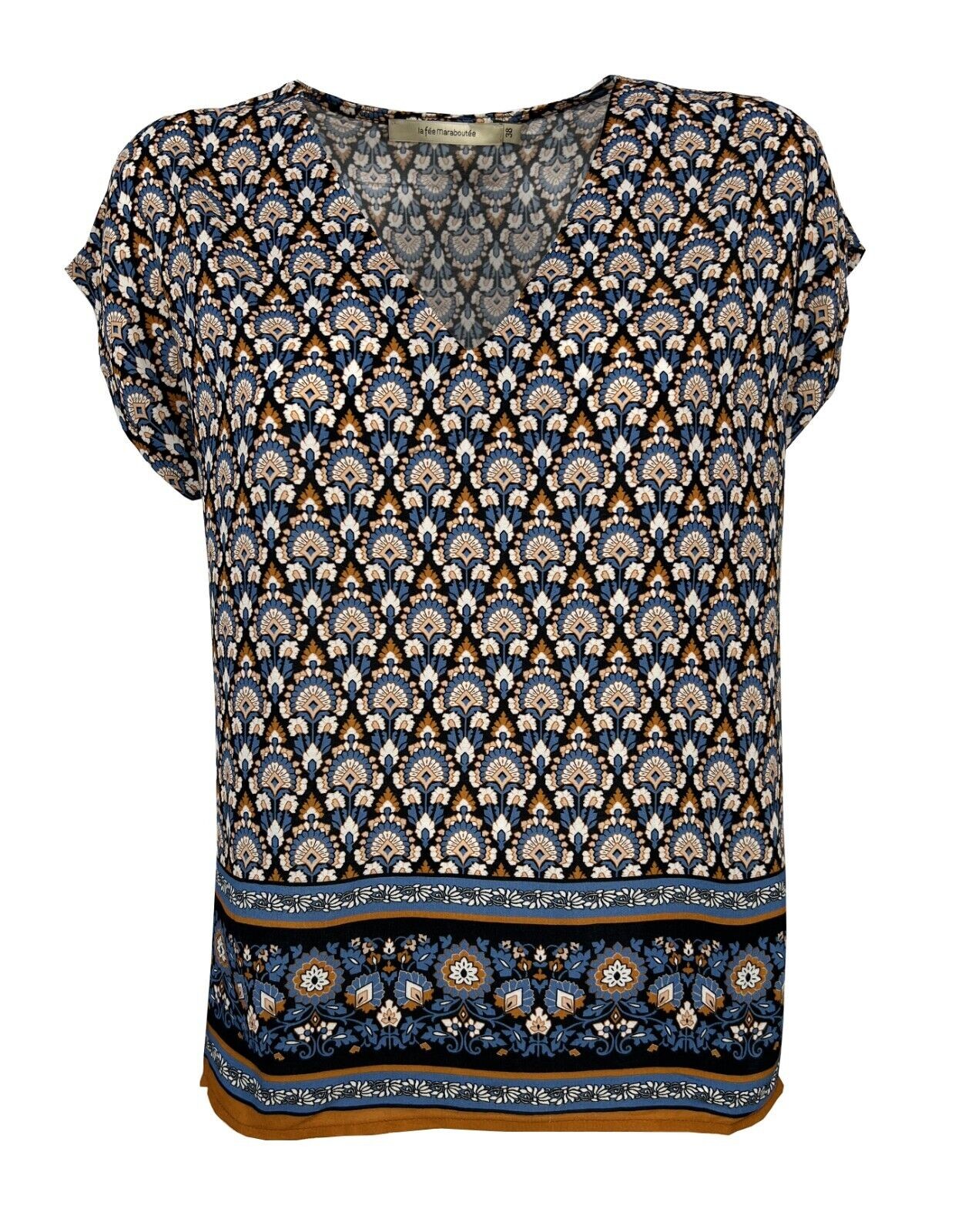 LA FEE MARABOUTEE blusa donna celeste/arancio art FD-TO-LAMIYA-T 100% viscosa MADE IN ITALY