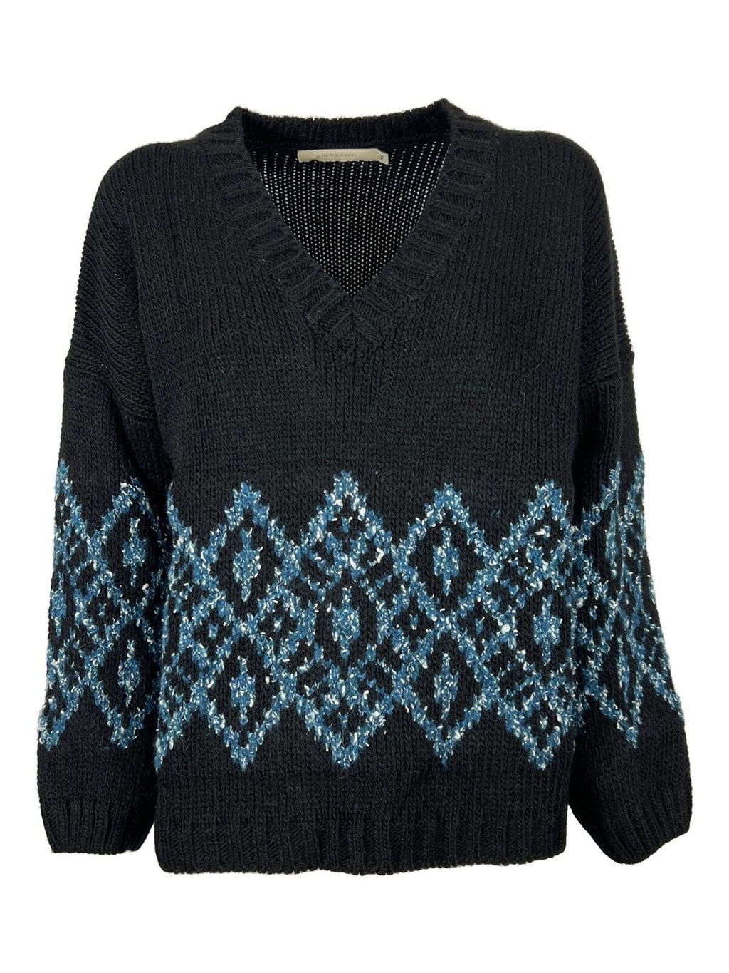 LA FEE MARABOUTEE maglia donna nera intarsi ottanio/panna FE-PU-RIPSOU MADE IN ITALY