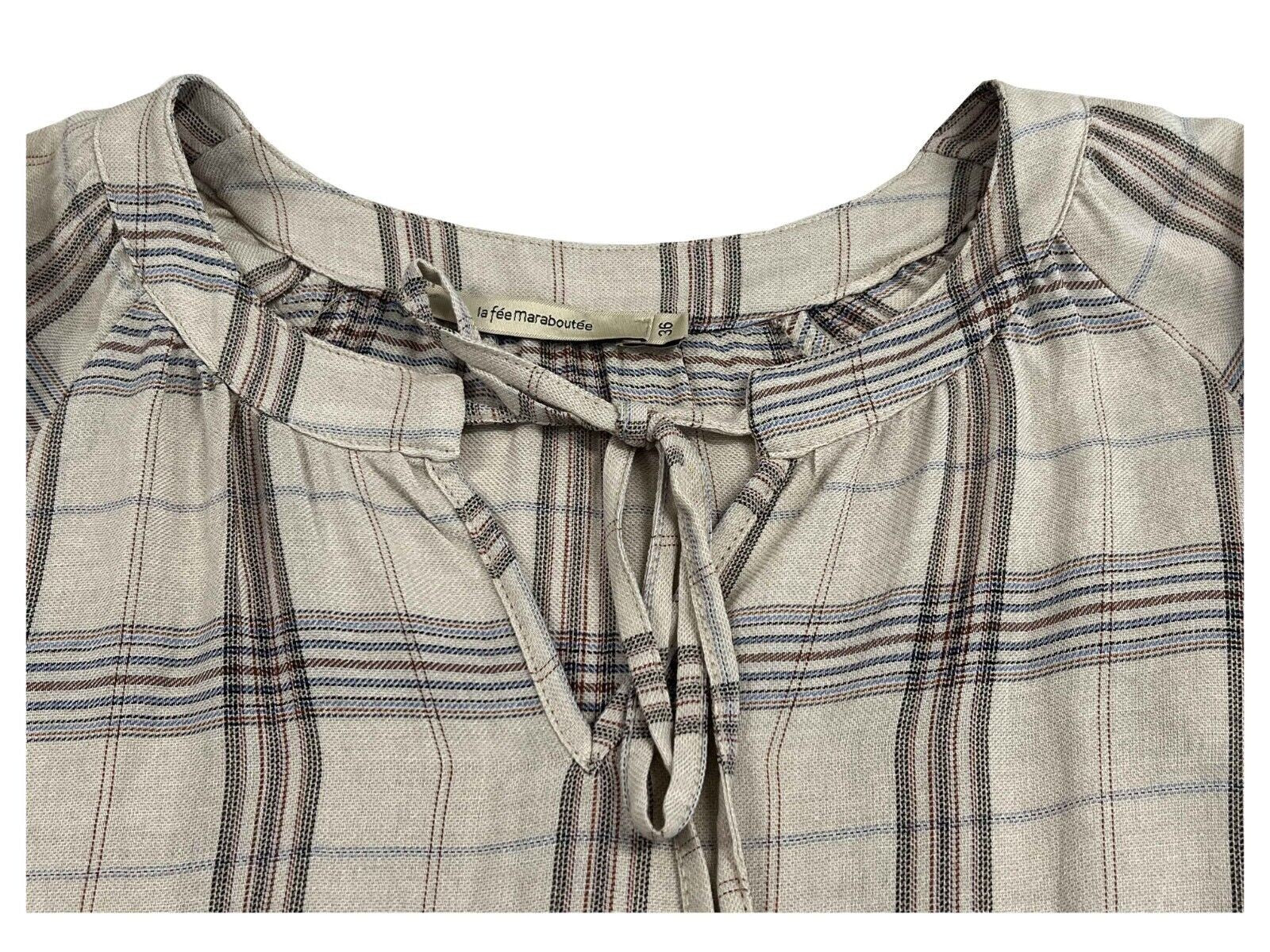 LA FEE MARABOUTEE blusa donna ecru quadri blu/cammello FE-TO-RUNE-S  MADE IN ITALY