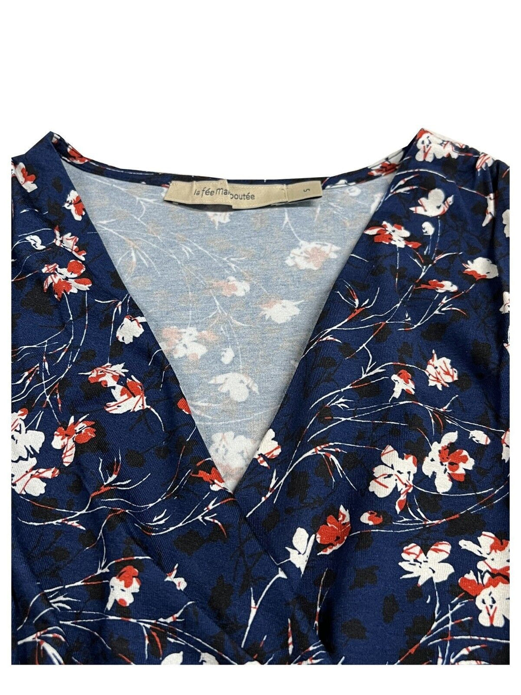 LA FEE MARABOUTEE abito donna incrociato jersey blu a fiori bianco/rosso FF-RO-SOPONI