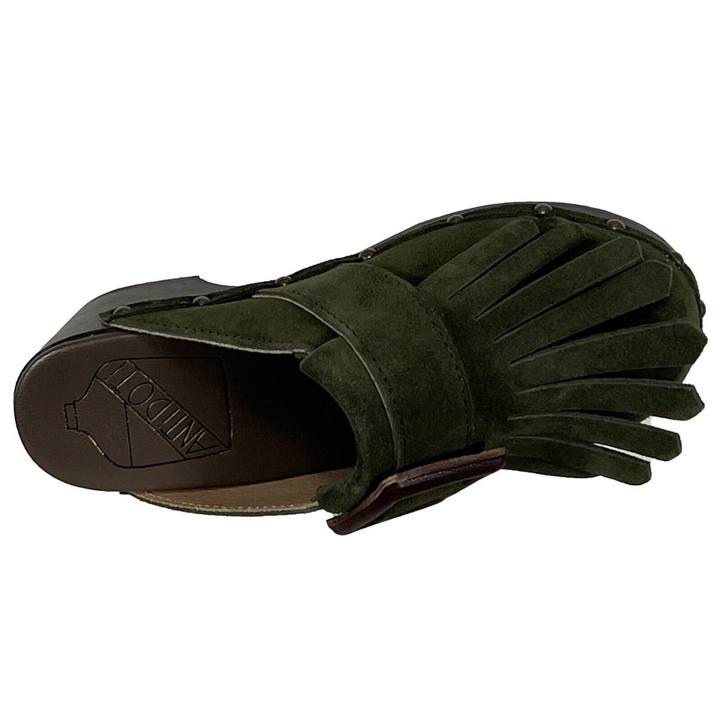 ANTIDOTI zoccolo donna scamosciato verde con frange FIBBY VE  100% pelle MADE IN ITALY