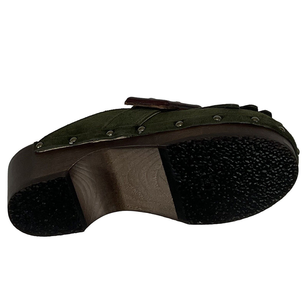 ANTIDOTI zoccolo donna scamosciato verde con frange FIBBY VE  100% pelle MADE IN ITALY