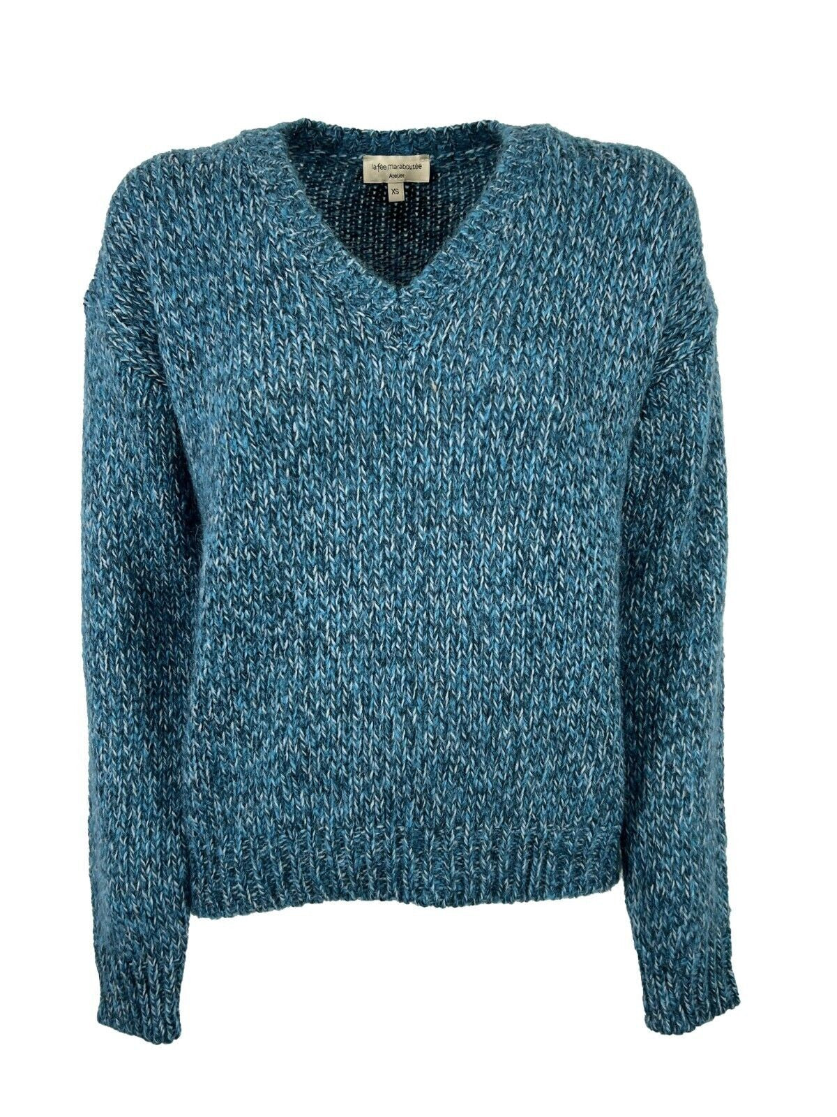 LA FEE MARABOUTEE maglia donna a v  petrolio melange TOUXI MISTO LANA MADE IN ITALY