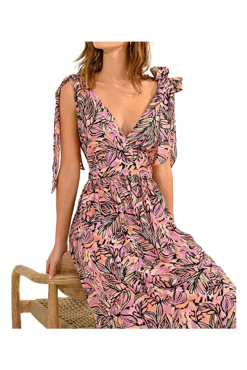 MOLLY BRACKEN abito donna stampa palme rosa/nero lungo LA1463ACP 100% poliestere