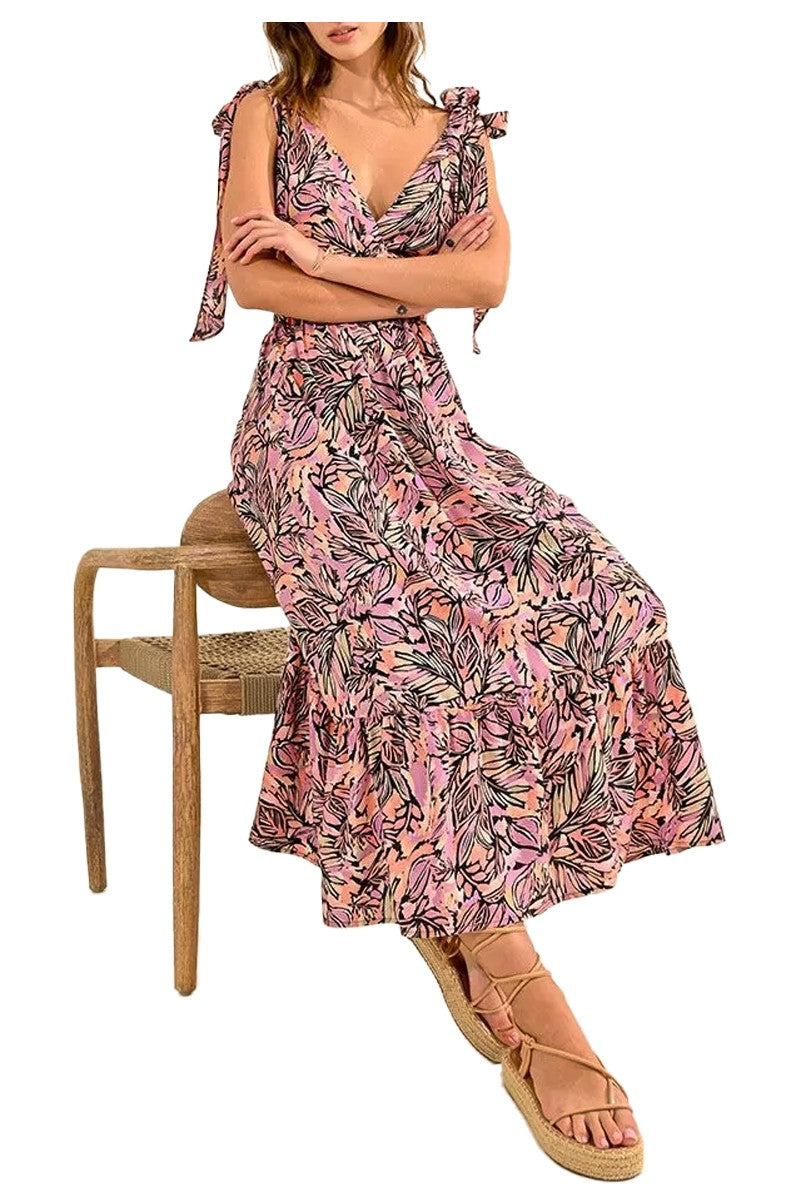 MOLLY BRACKEN abito donna stampa palme rosa/nero lungo LA1463ACP 100% poliestere