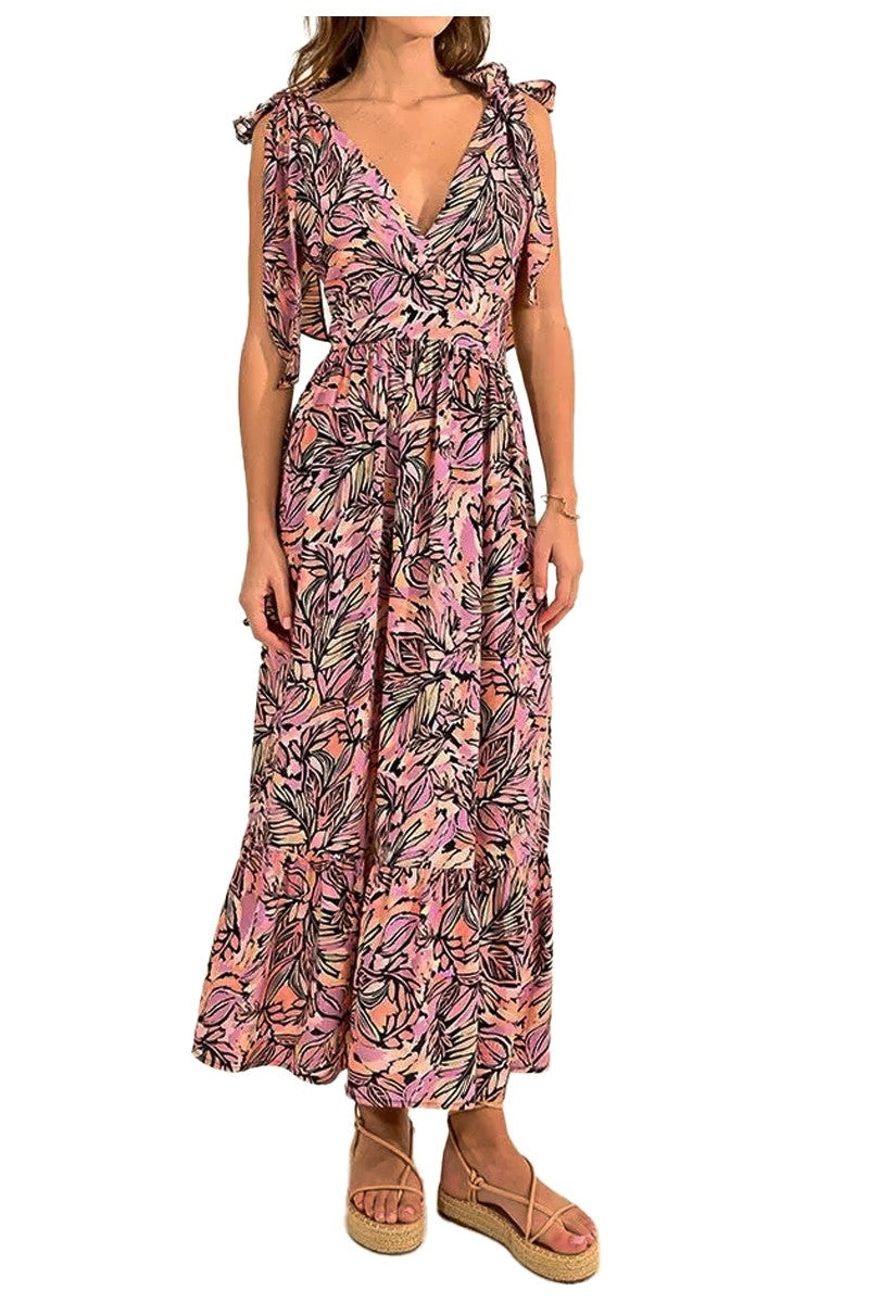 MOLLY BRACKEN abito donna stampa palme rosa/nero lungo LA1463ACP 100% poliestere