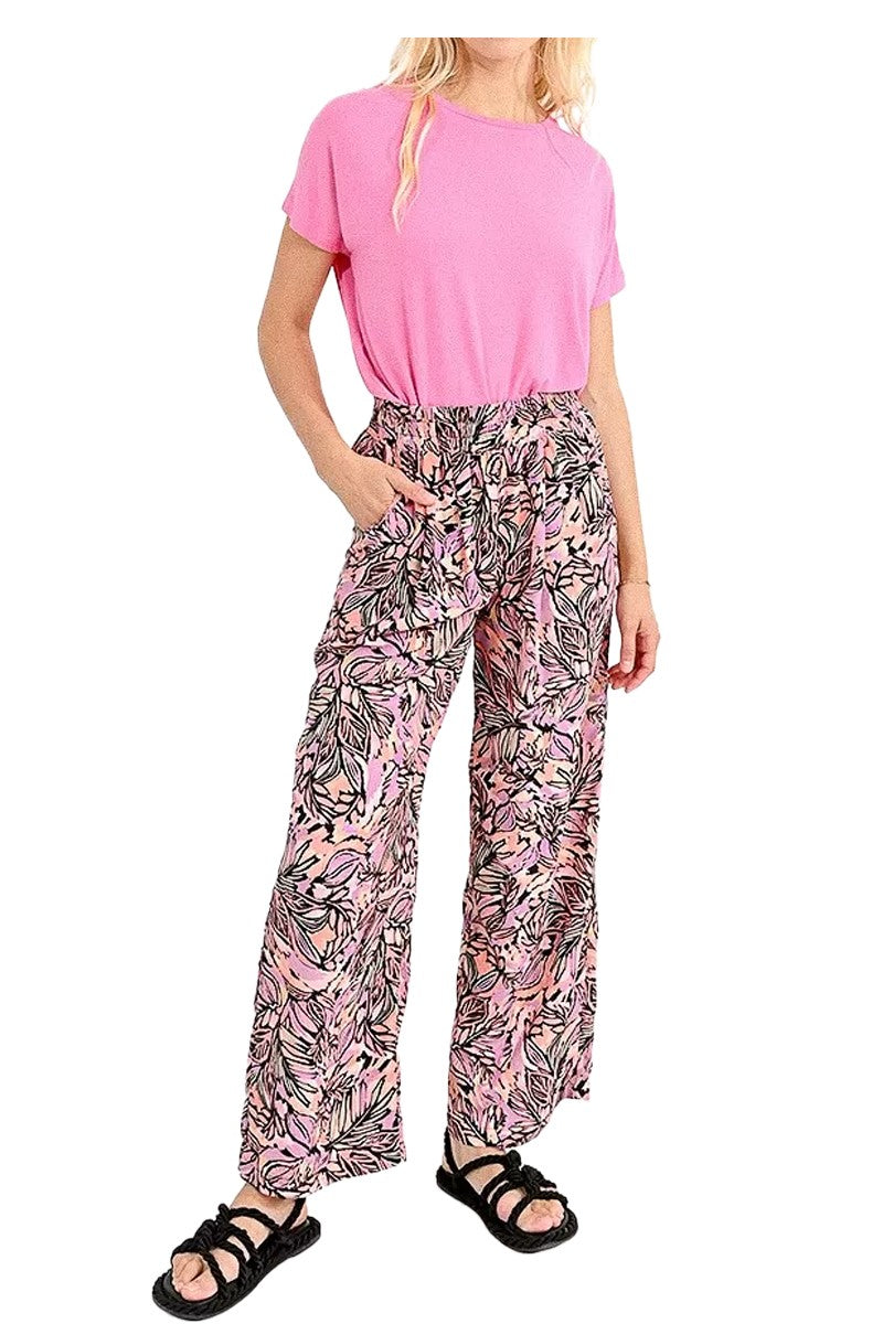 MOLLY BRACKEN pantalone donna palazzo stampa palme rosa/nero LAHS116A CP 100% poliestere