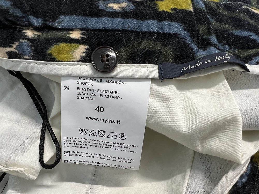 MYTHS pantalone donna slim velluto liscio fantasia blu/lime WD07 431 MADE IN ITALY