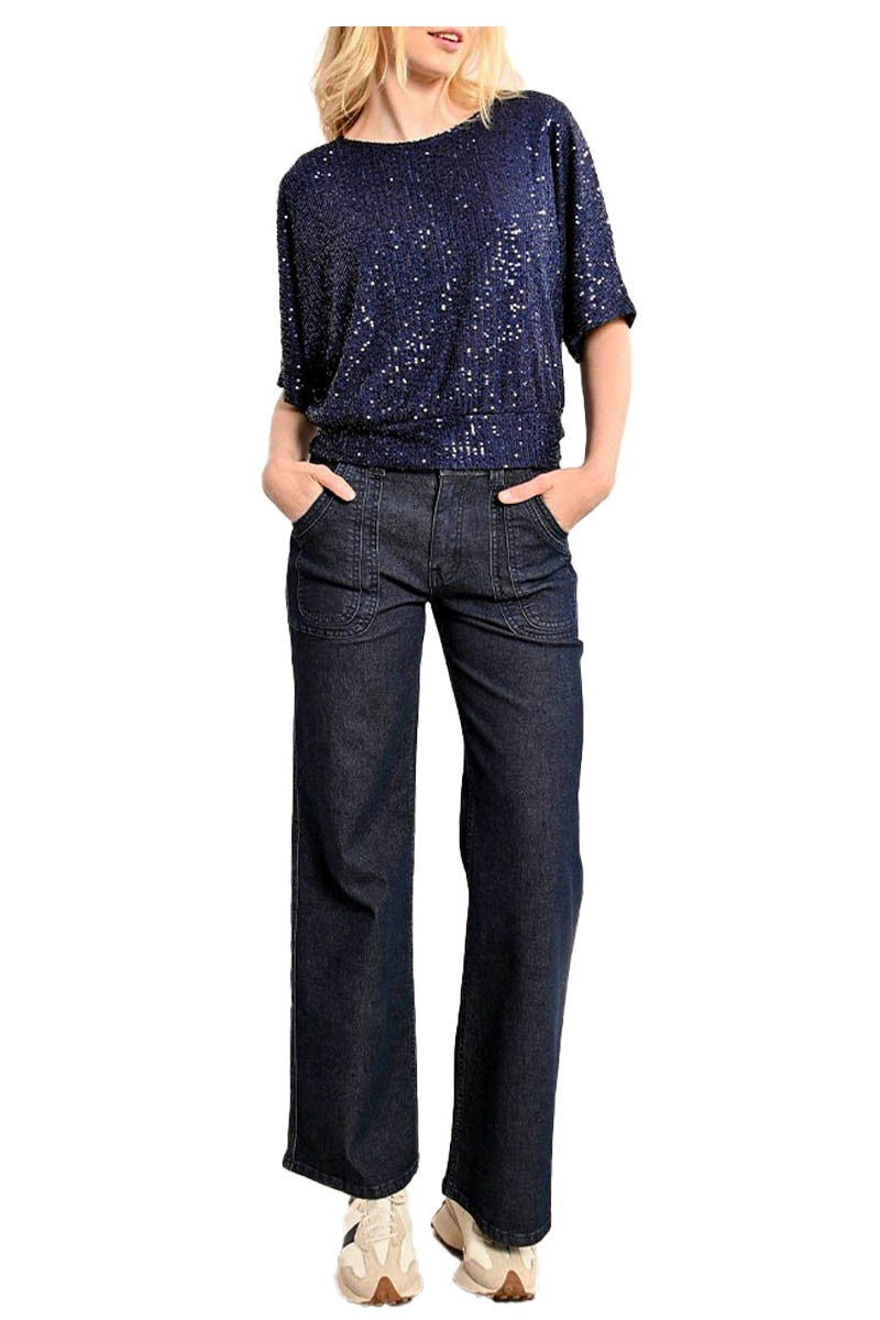 MOLLY BRACKEN blusa donna paillettes blu MW125CH 95% poliestere 5% elastan
