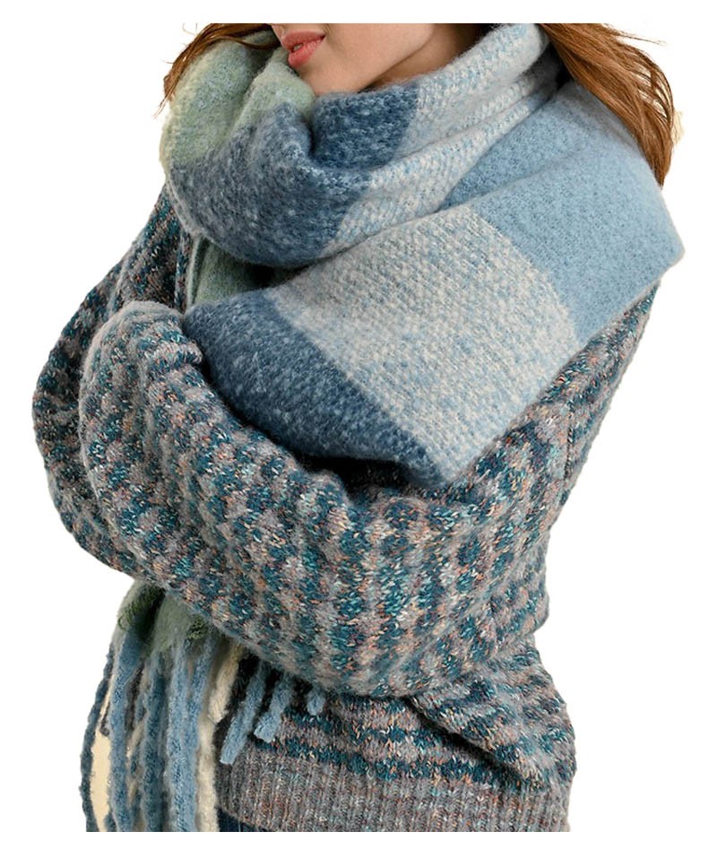 MOLLY BRACKEN sciarpa donna quadri celeste con frange B270CH 100% poliestere