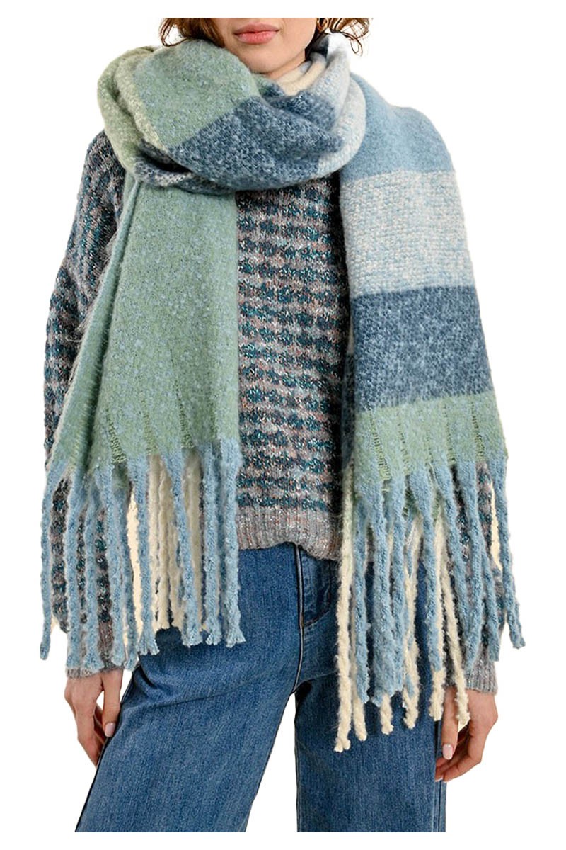 MOLLY BRACKEN sciarpa donna quadri celeste con frange B270CH 100% poliestere