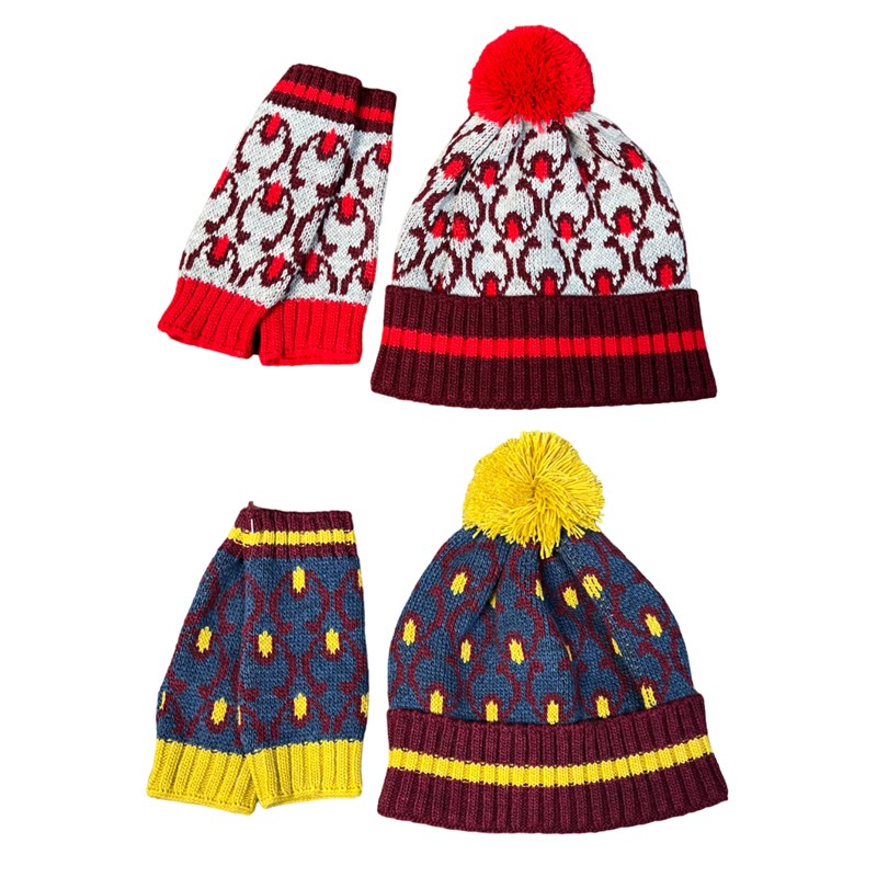 JUSTMINE set donna cappello fantasia con pon pon e guanti corti K214 1086 MADE IN ITALY