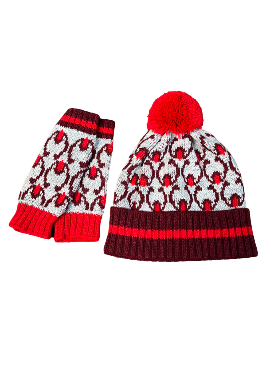 JUSTMINE set donna cappello fantasia con pon pon e guanti corti K214 1086 MADE IN ITALY