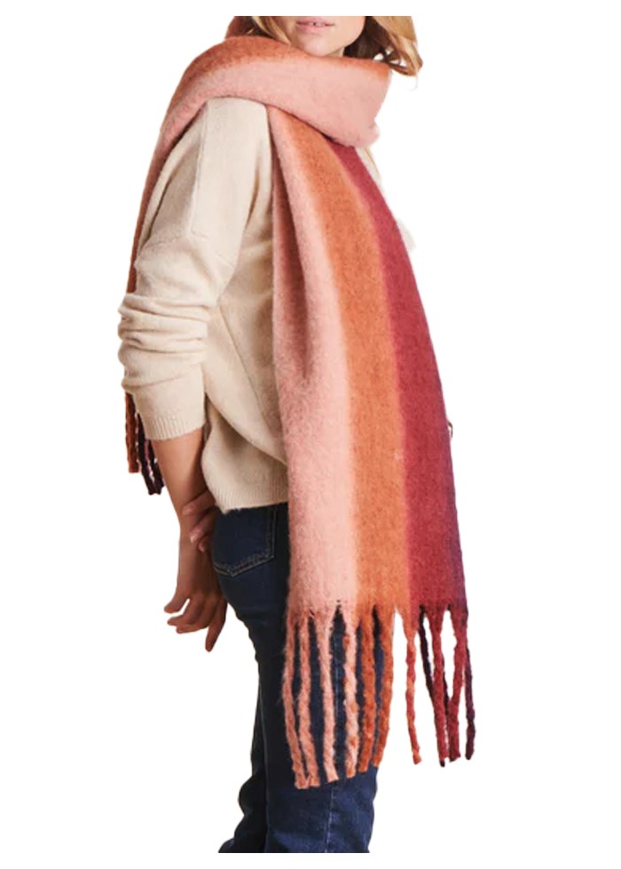 LA FEE MARABOUTEE sciarpa donna con frange rigata salmone/bordeaux/arancio ZAOUI