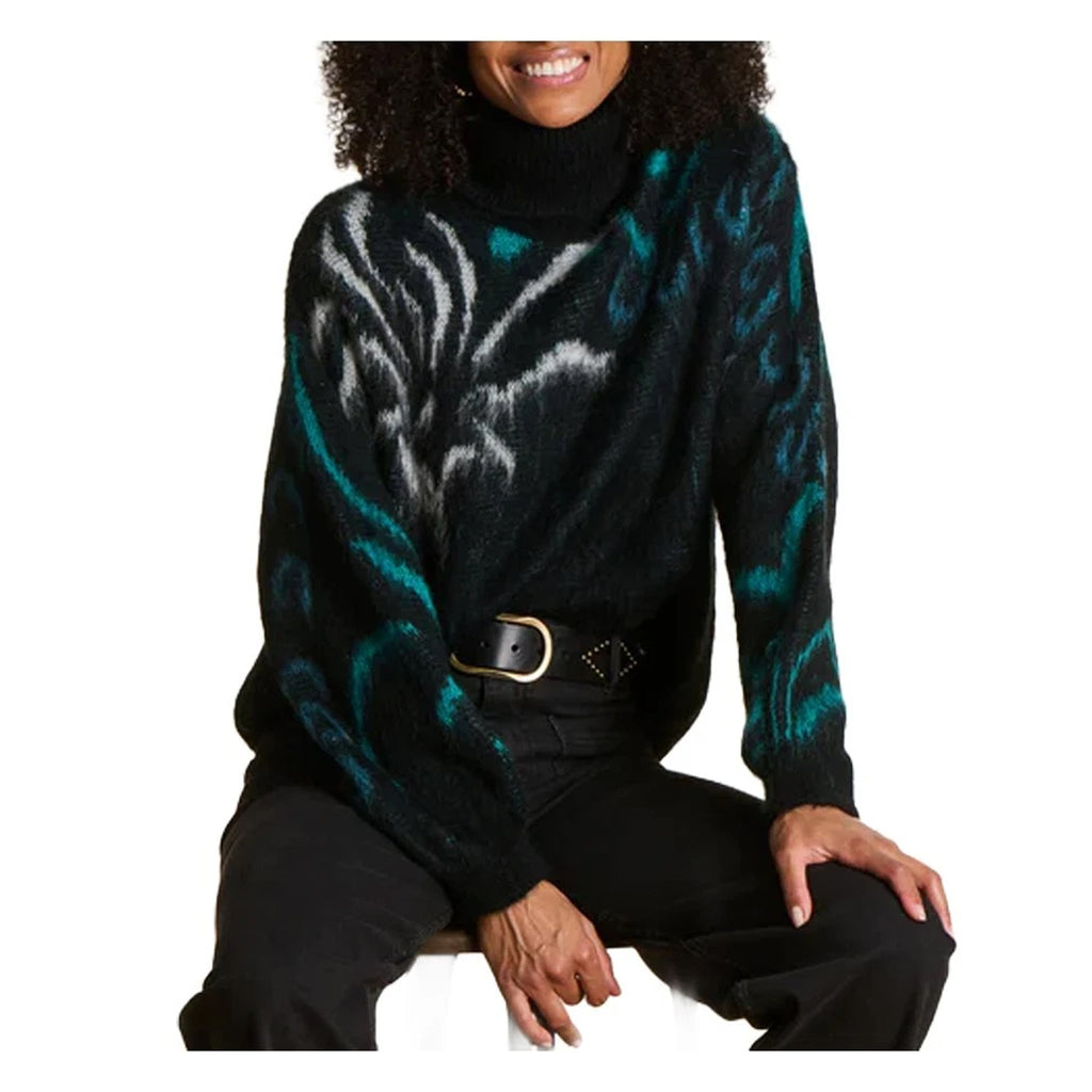 LA FEE MARABOUTEE – Maglia collo alto jacquard nero/petrolio (EZEPICE)