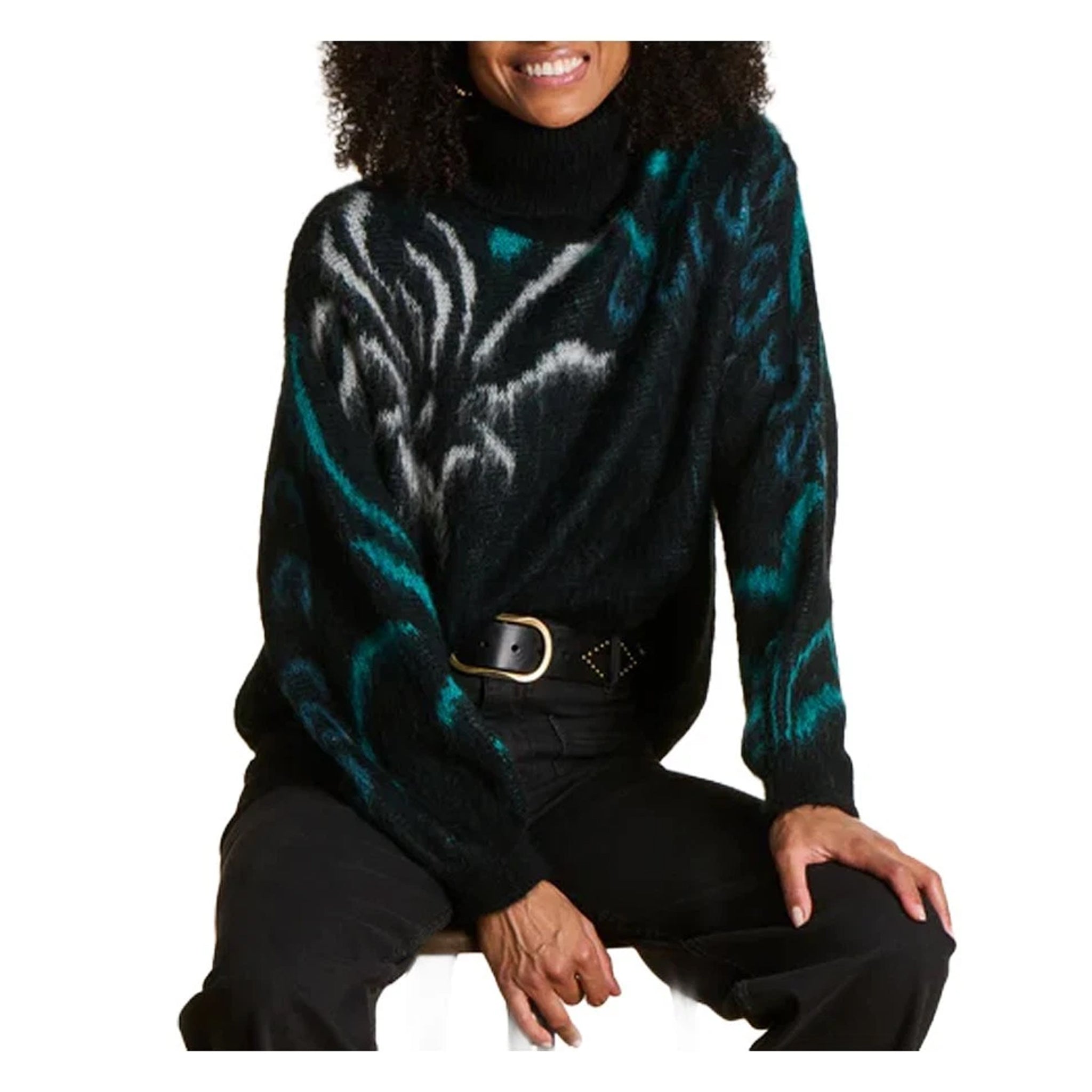 LA FEE MARABOUTEE – Maglia collo alto jacquard nero/petrolio (EZEPICE)