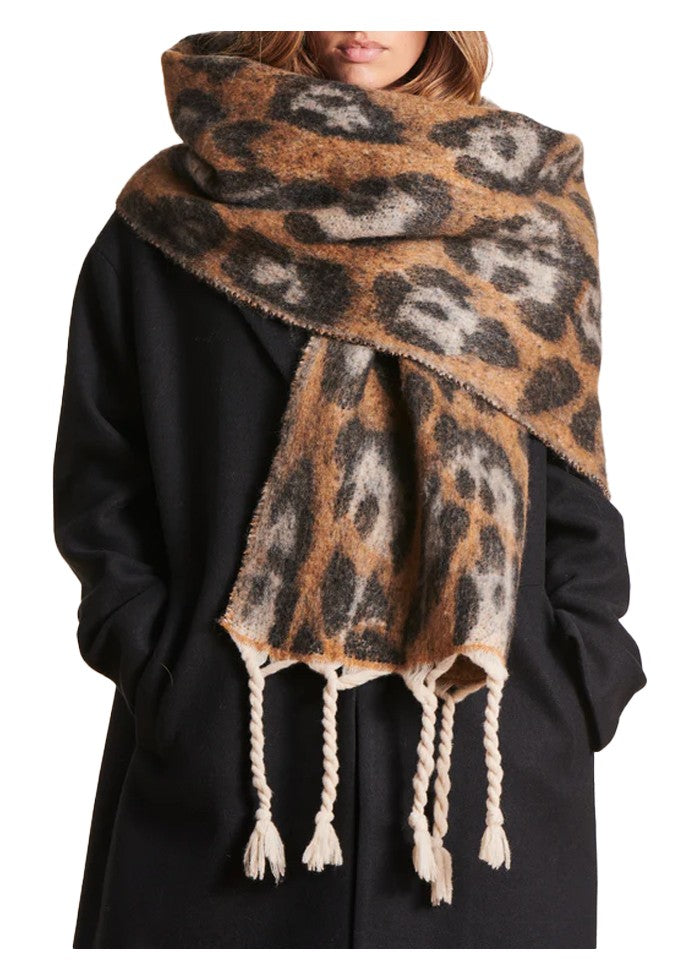 LA FEE MARABOUTEE maxi sciarpa donna stampa animalier nero/cammello ZEO