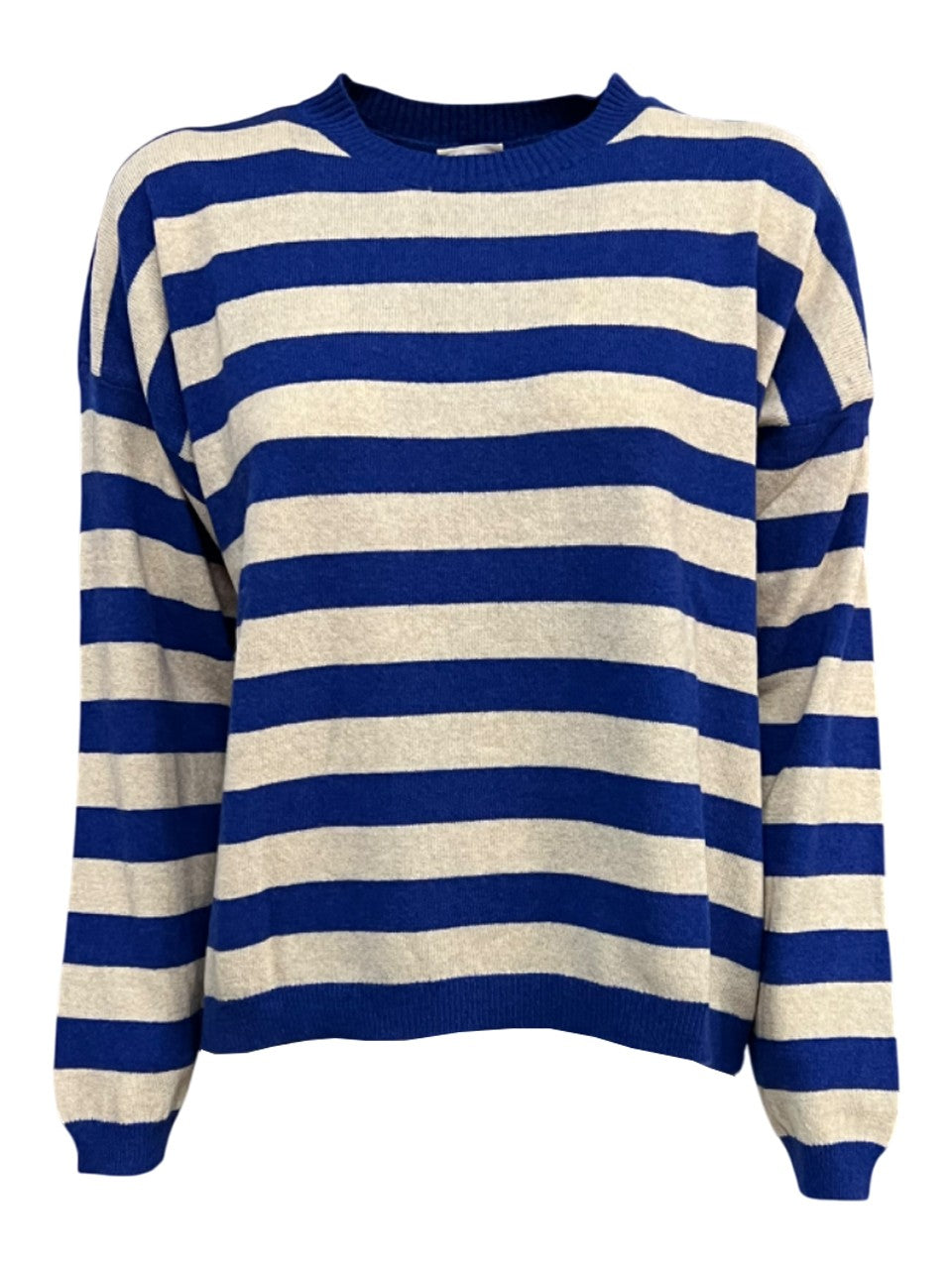 O’MER maglia donna a scatola righe beige/bluette OM024C MADE IN ITALY