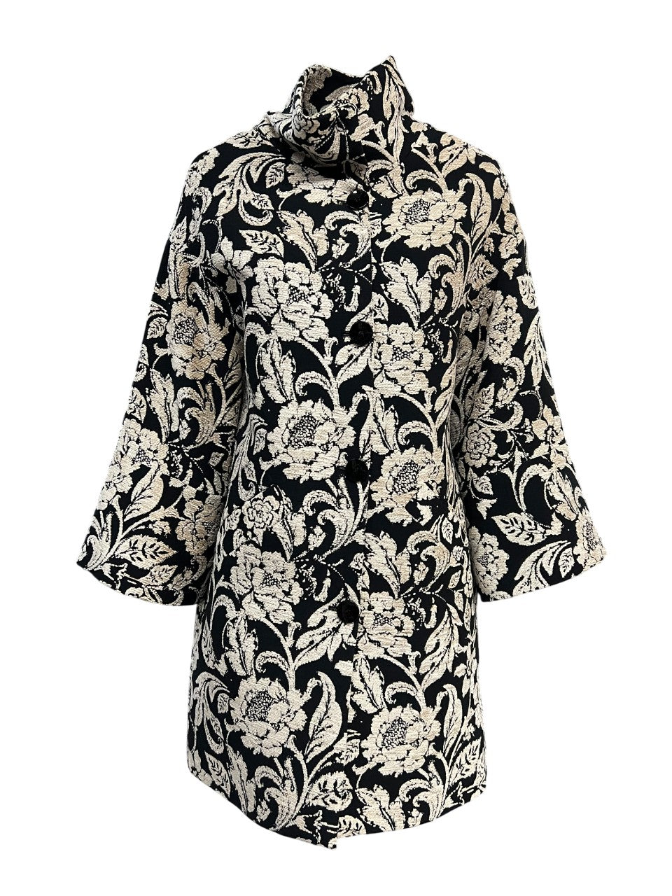 GUTTHA MILANO cappotto donna damascato nero fiori ecru GUT24052 PASU MADE IN ITALY