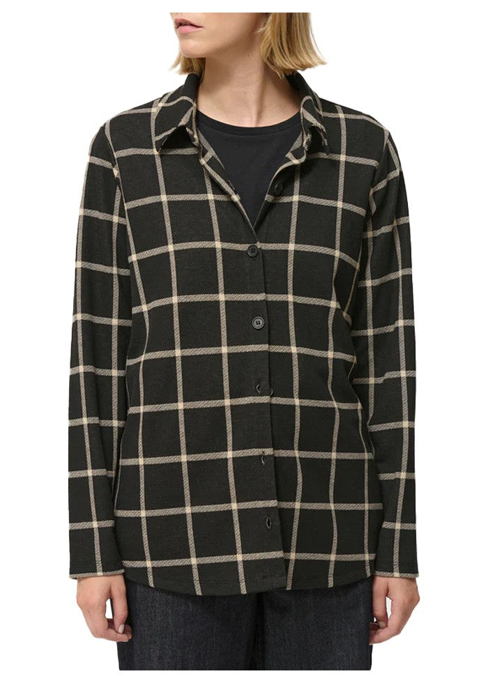 HUMILITY camicia donna over jersey pesante nera quadri beige CLODIO
