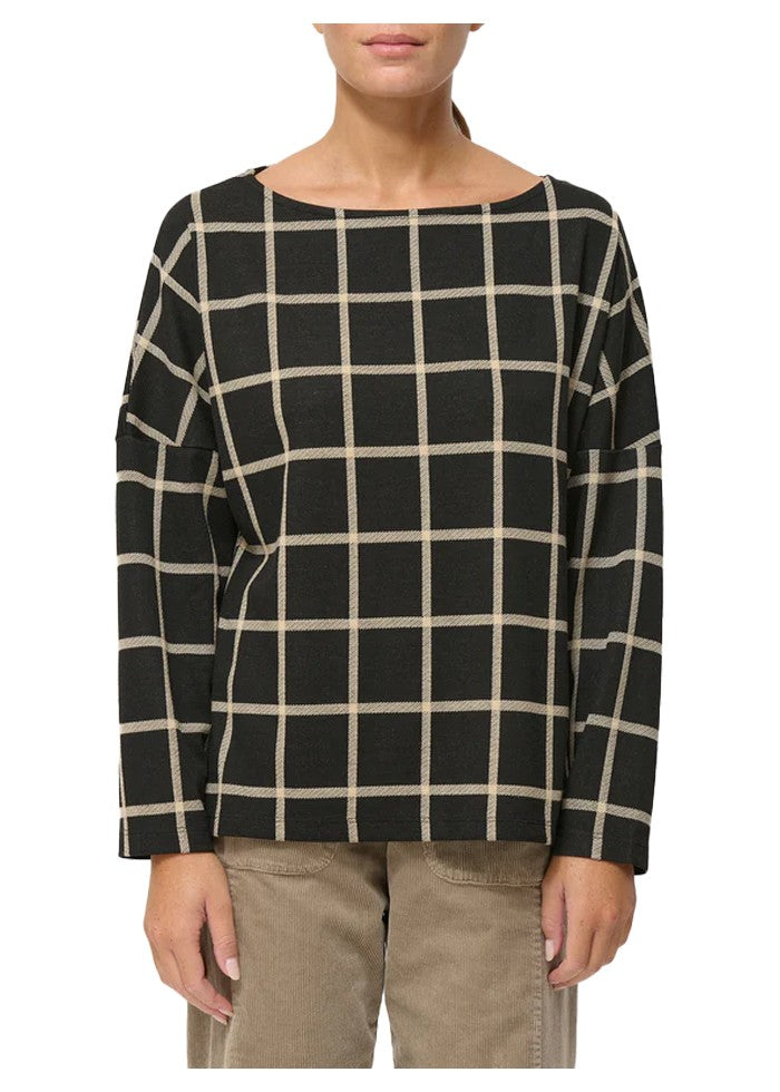 HUMILITY blusa donna jersey pesante nera quadri beige CIKAO