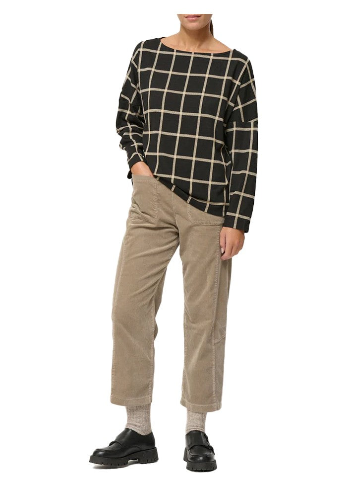 HUMILITY blusa donna jersey pesante nera quadri beige CIKAO