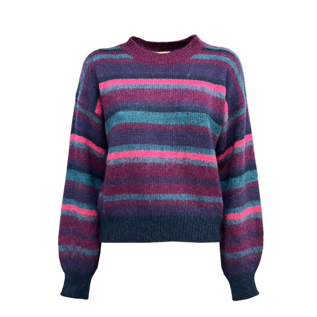 LA FEE MARABOUTEE maglia donna girocollo righe multicolor viola/petrolio TIJANE MADE IN ITALY