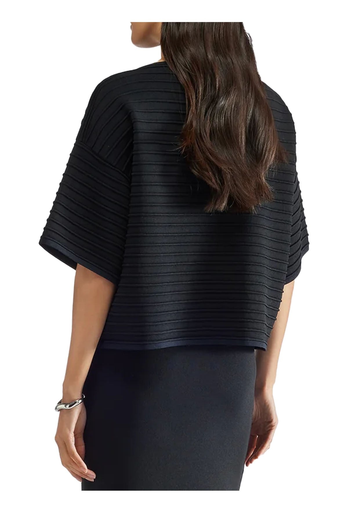 LIVIANA CONTI maglia motivo a rilievo nero profili blu a scatola F5SA42 MADE IN ITALY