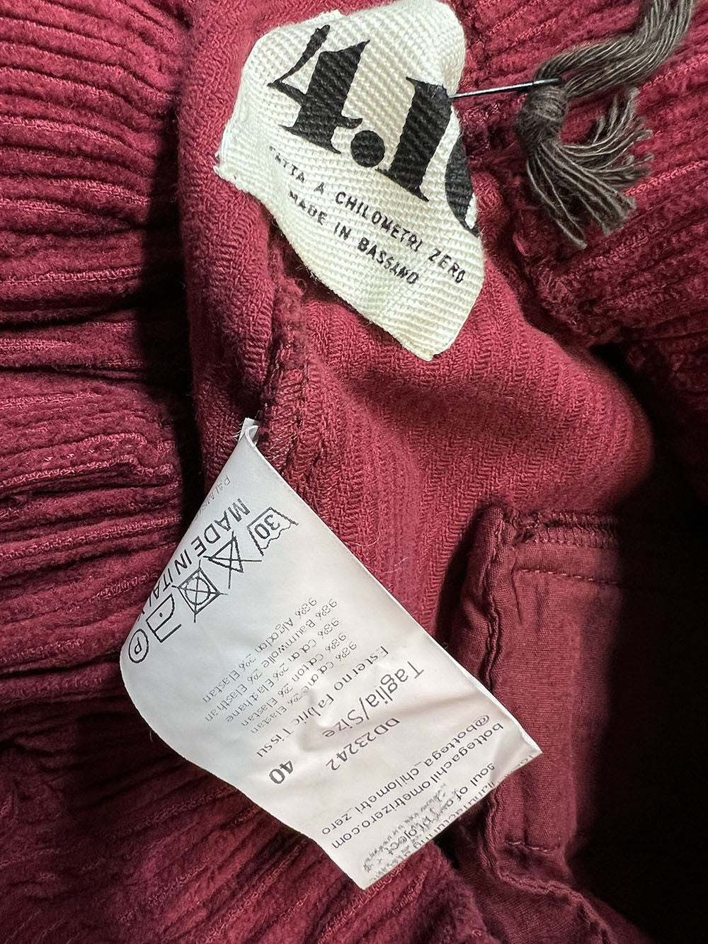 4.10 by BottegaChilometriZero pantalone donna velluto rosso scuro  DD23242 ORTLES MADE IN ITALY