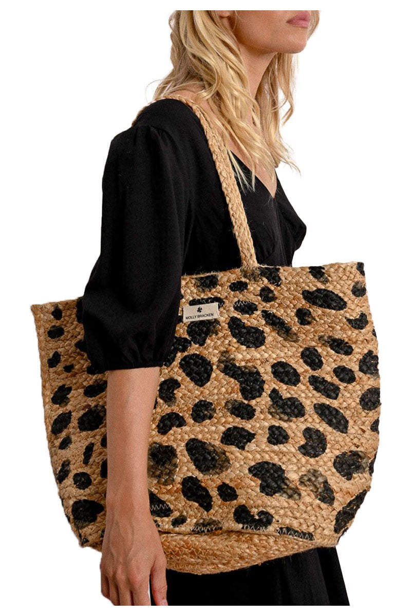 MOLLY BRACKEN borsa donna biscotto stampa nera animalier 100% iuta