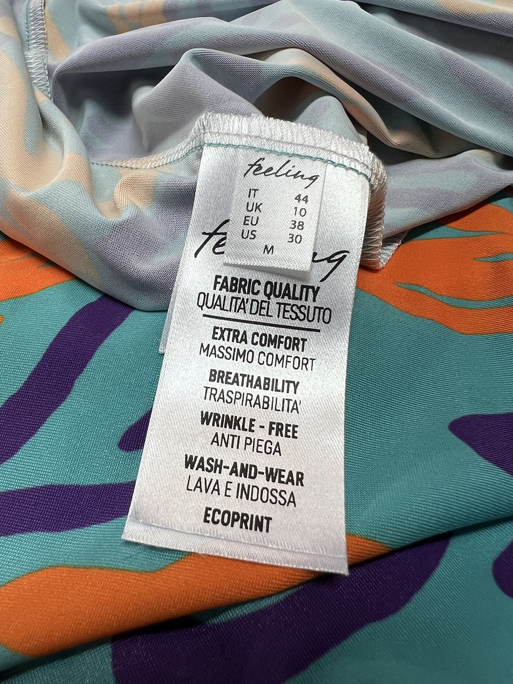 FEELING by JUSTMINE abito svasato acqua/arancio/viola  E2699 6102 ABITO MIDI MADE IN ITALY