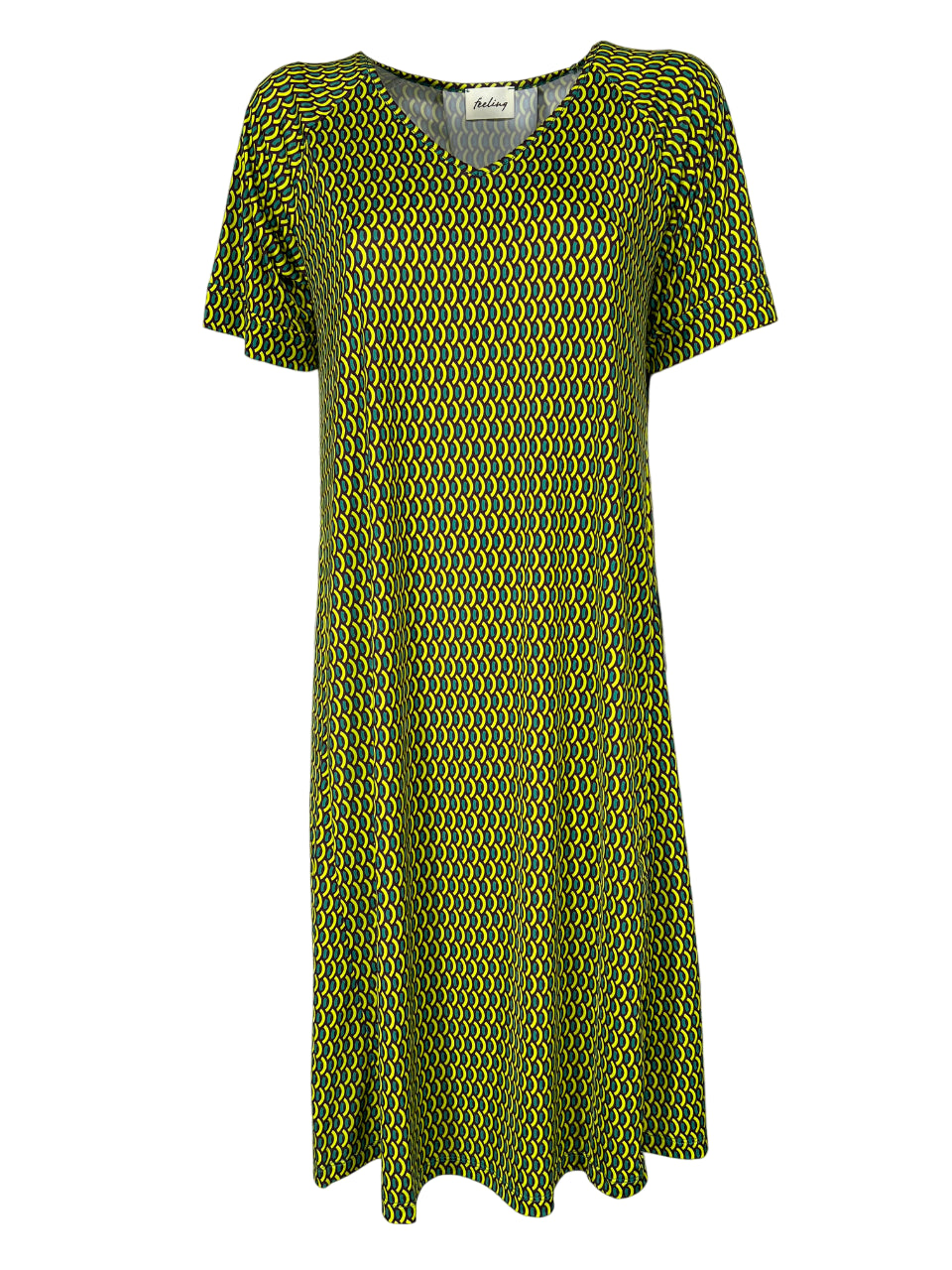 FEELING by JUSTMINE abito donna svasato fantasia marrone/giallo/verde E2736 6106 MADE IN ITALY