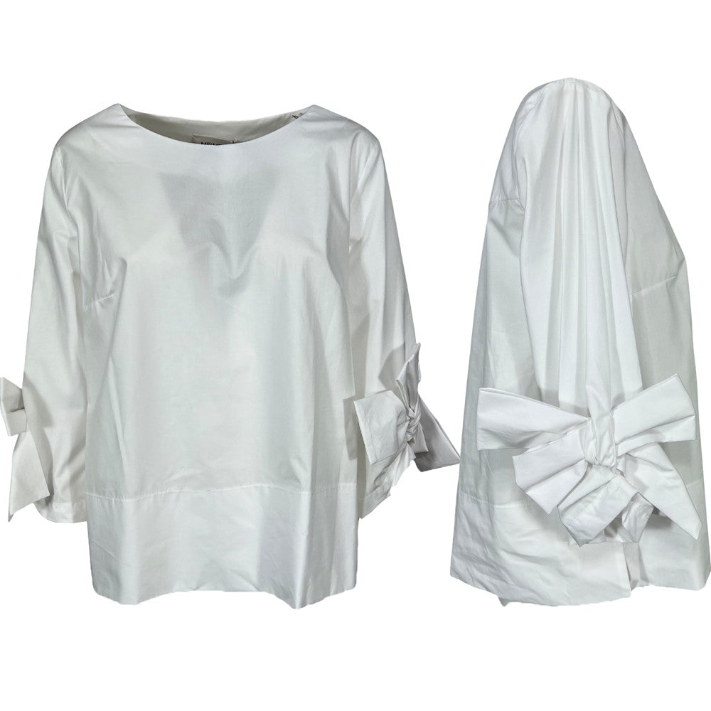 MEIMEIJ blusa svasata bianca applicazione fiocchi fondo manica MEA52 MADE IN ITALY