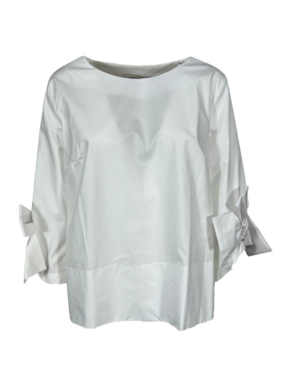MEIMEIJ blusa svasata bianca applicazione fiocchi fondo manica MEA52 MADE IN ITALY