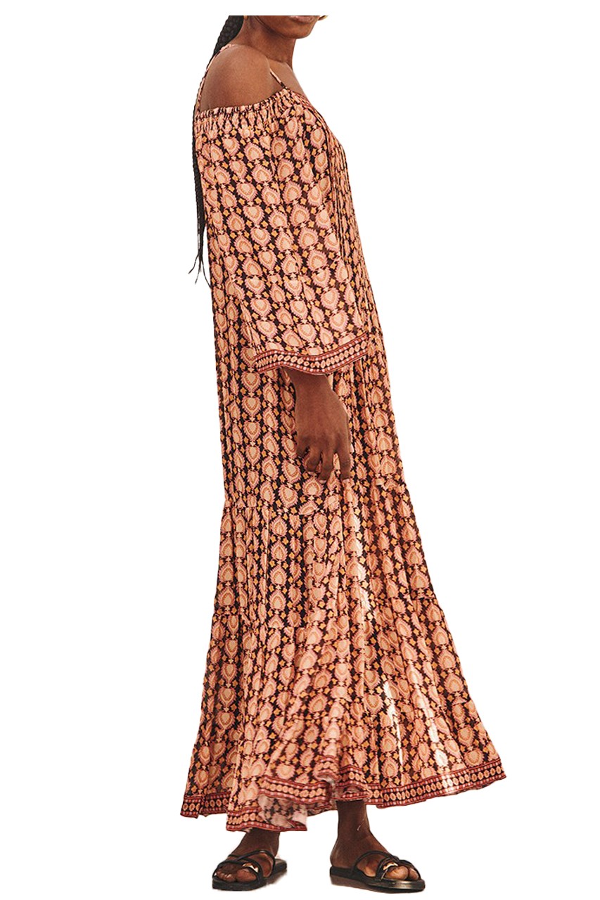 NEKANE abito donna lungo nero fantasia etnica multicolor YANA 100% viscosa