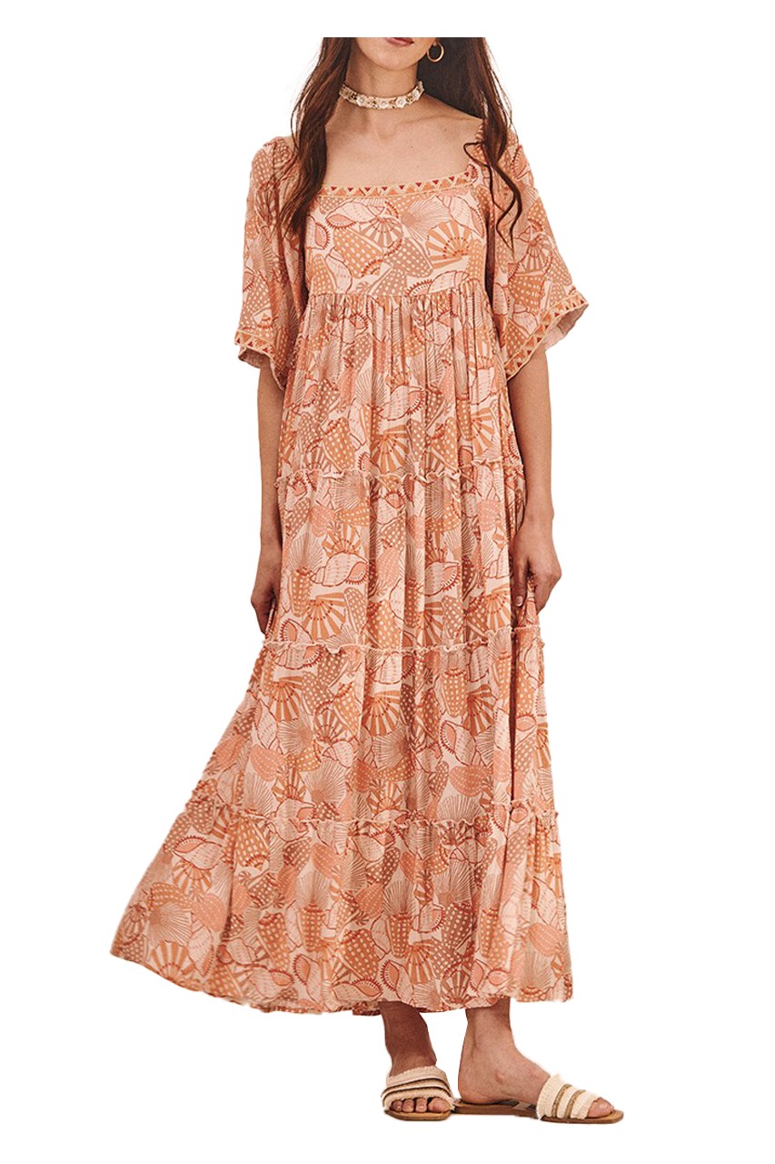 Nüd by NEKANE abito donna lungo stampa conchiglie ecru/arancio ADIRANA 100% viscosa