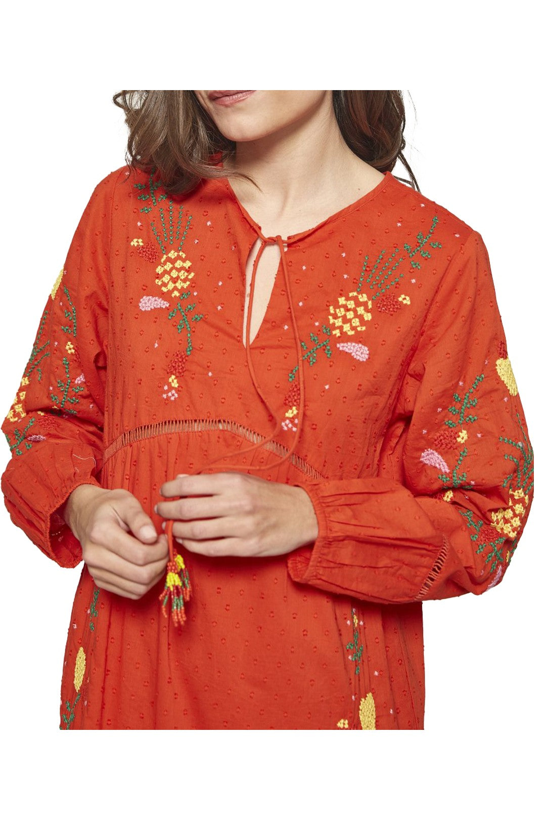 MD’M abito donna arancio scuro con ricami multicolor balza finale 2.75.100.05 100% cotone