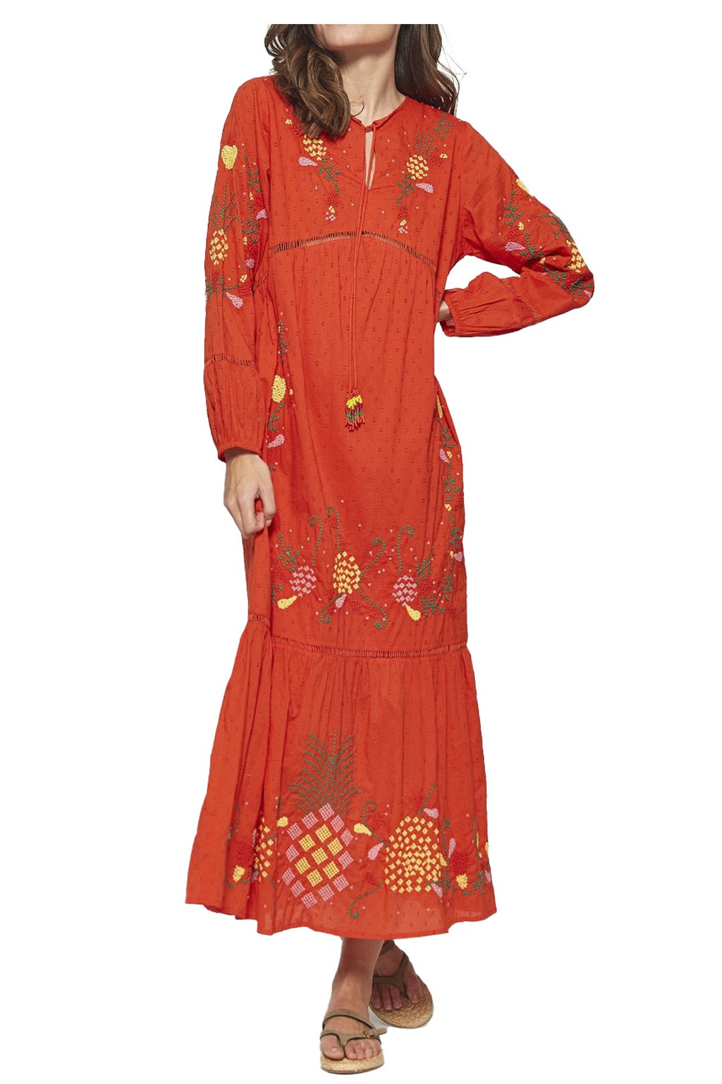 MD’M abito donna arancio scuro con ricami multicolor balza finale 2.75.100.05 100% cotone