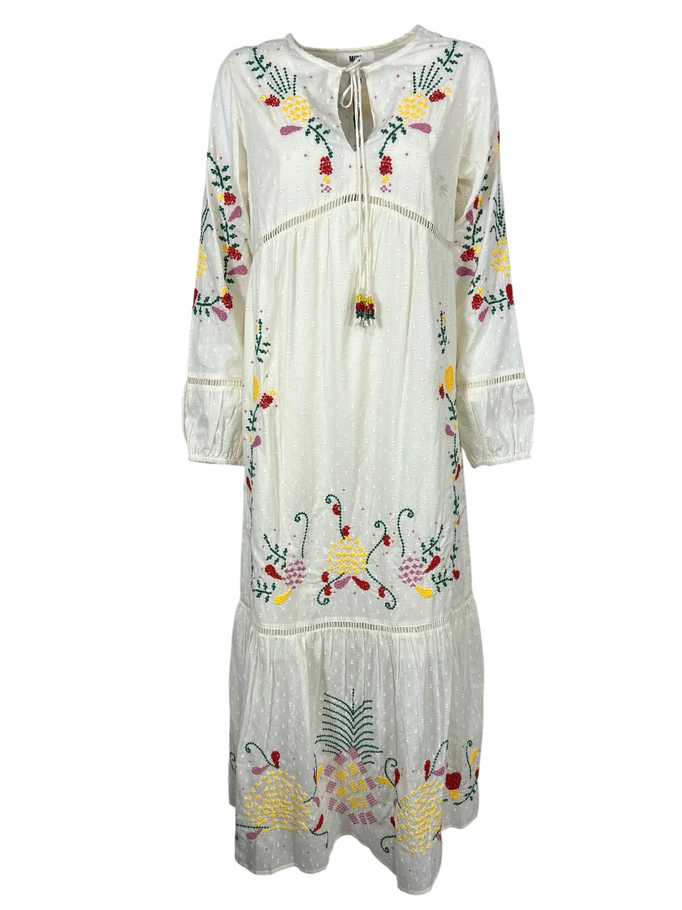 MD’M abito donna avorio con ricami multicolor balza finale 2.75.100.05 100% cotone