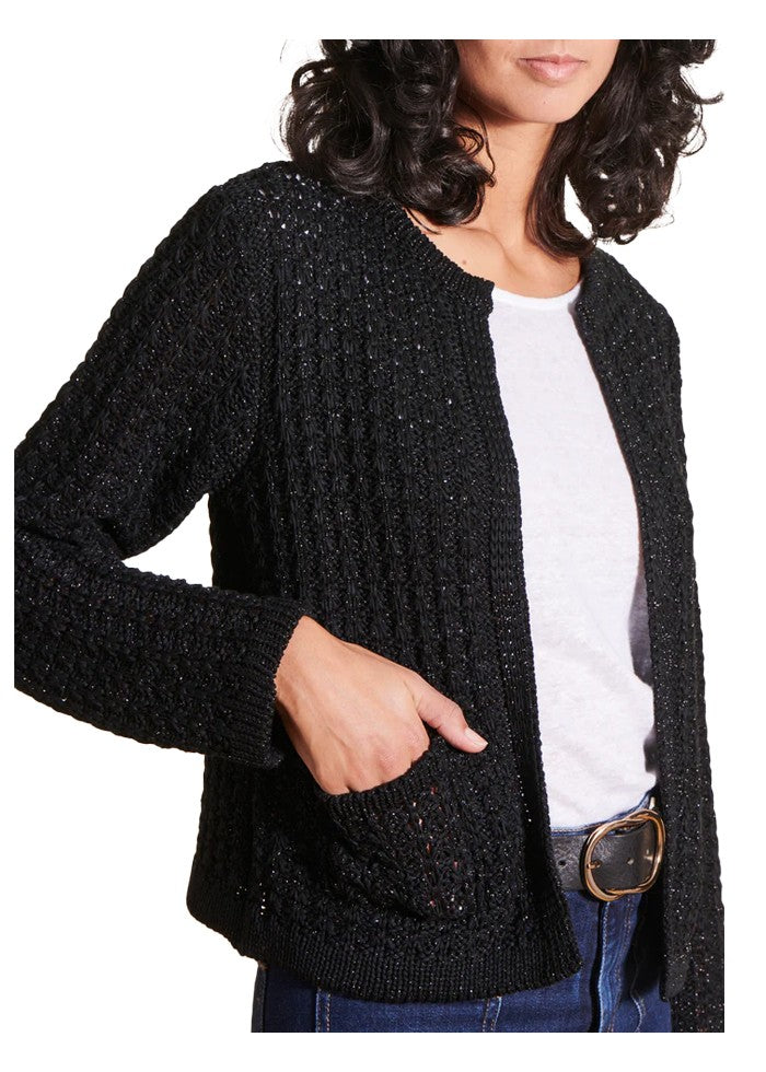 LA FEE MARABOUTEE cardigan donna senza bottoni nero/lurex nero DORILA