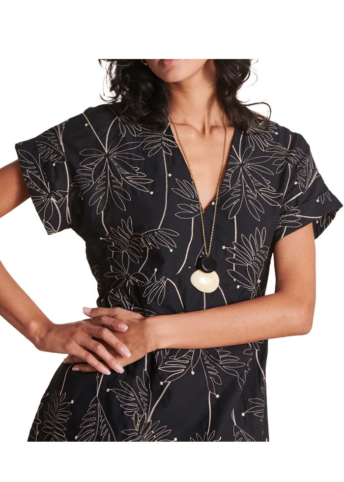 LA FEE MARABOUTEE abito lungo cotone nero ricamato ecru DARLING-E MADE IN ITALY